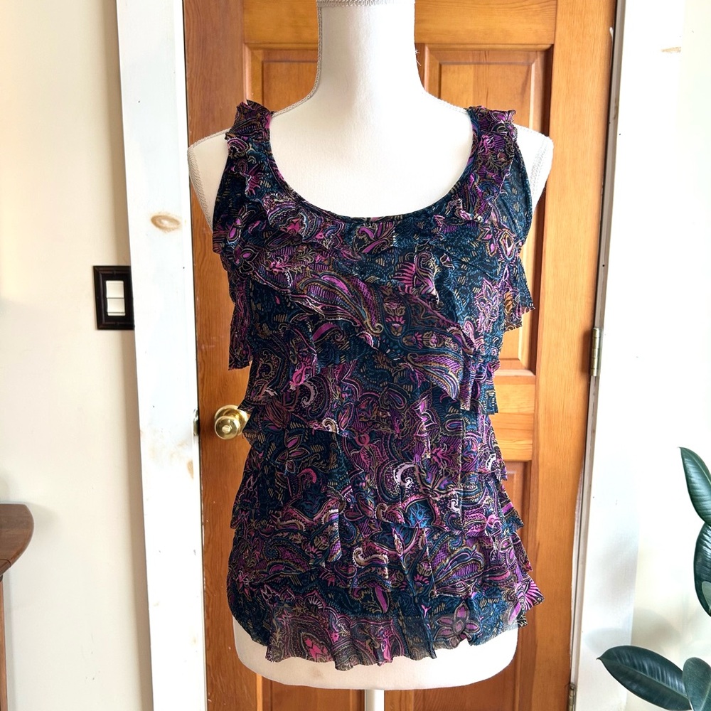 Express Multicolor Paisley Mesh Ruffle Top